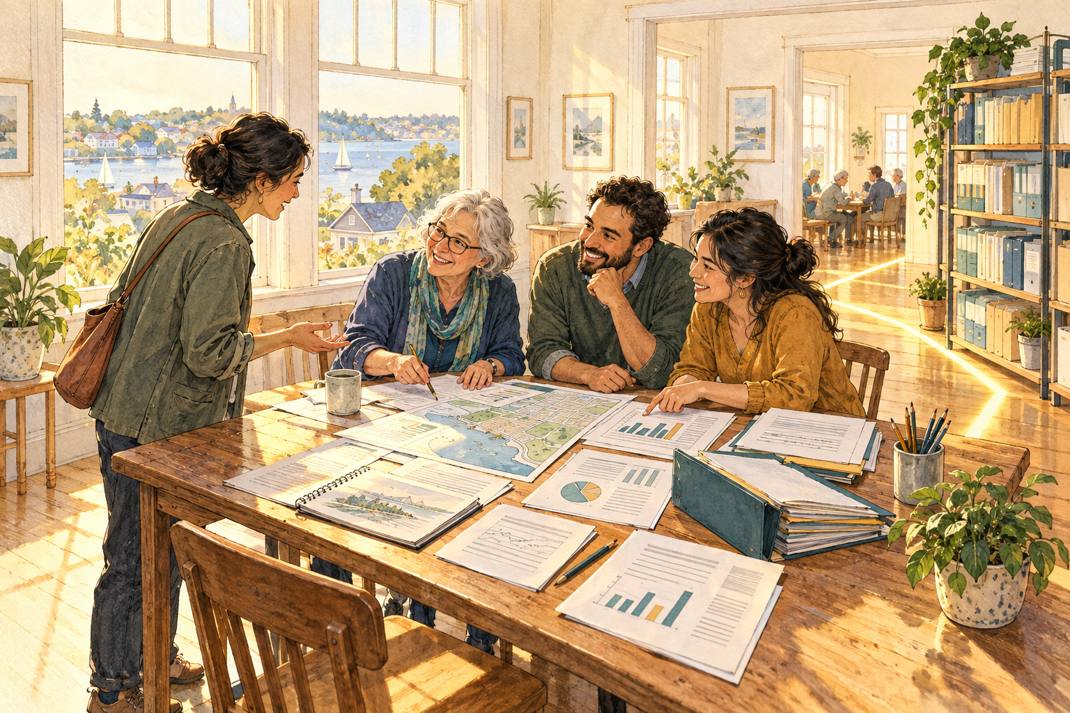 Neighbors sit around a sunlit community table reviewing maps and public documents together.