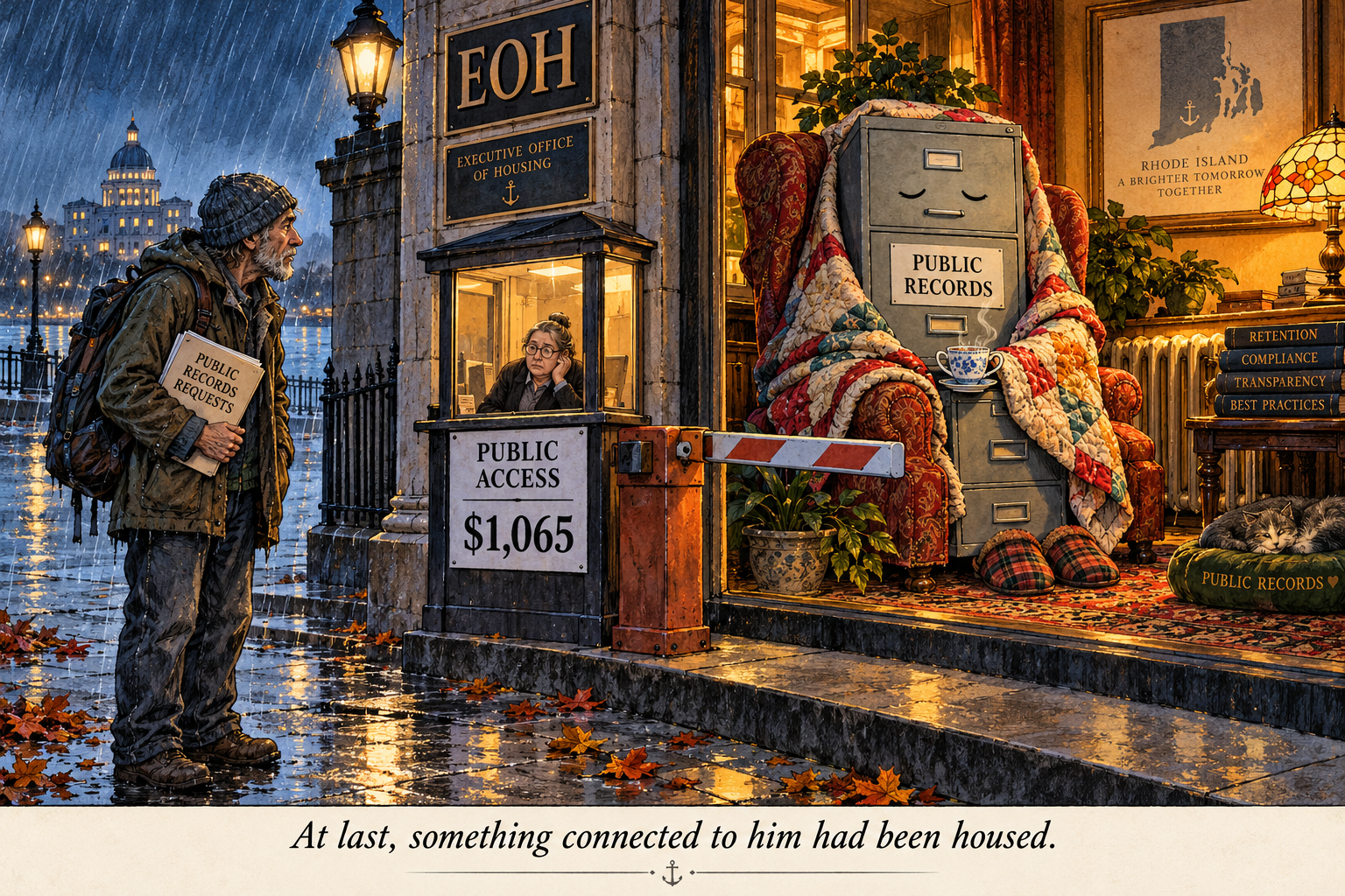 Satirical illustration of a man in the rain outside an imagined EOH public-access booth charging $1,065, while a public-records filing cabinet rests indoors in a quilt-covered armchair.